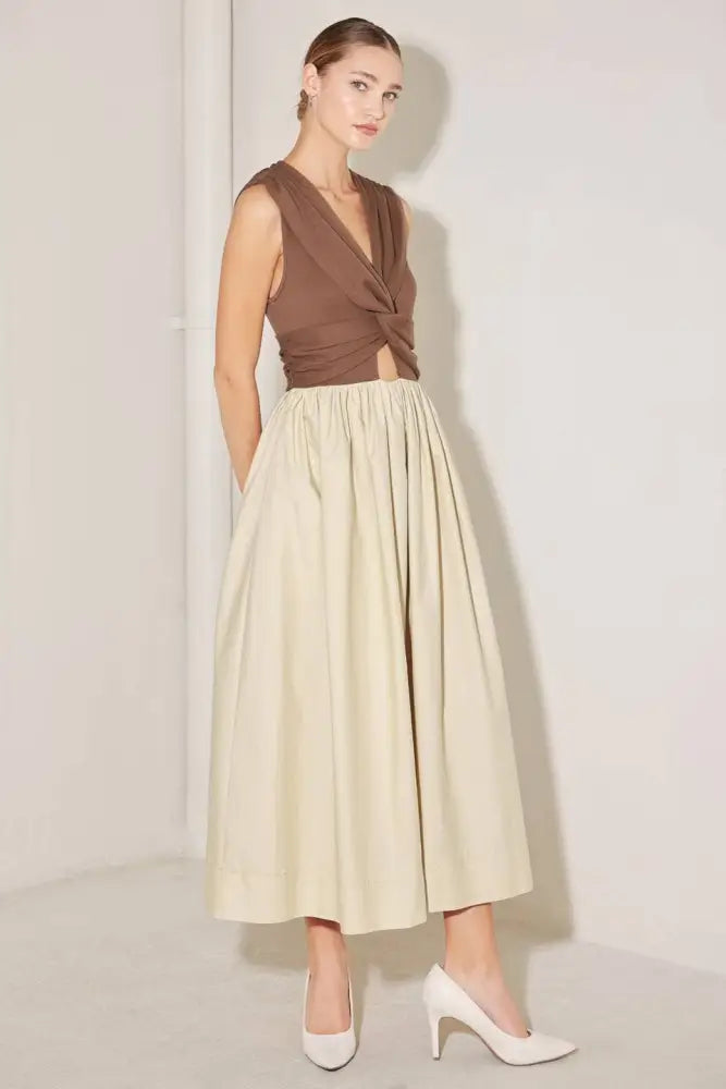 Brown Tan Solid Midi Dress - Women > Dresses