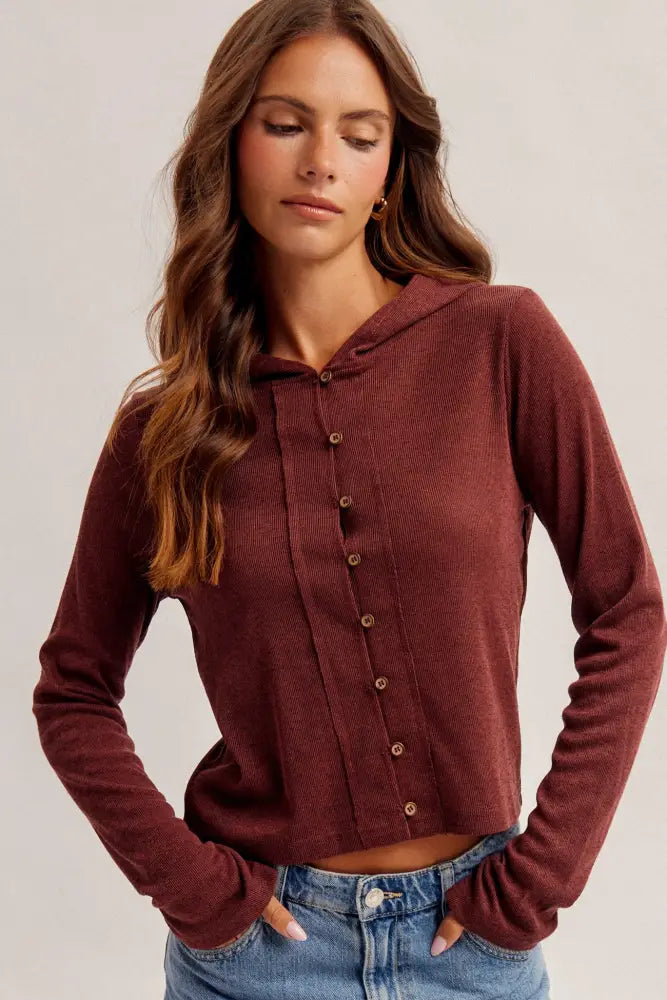 Button Down Hooded Cardigan Wine - Top