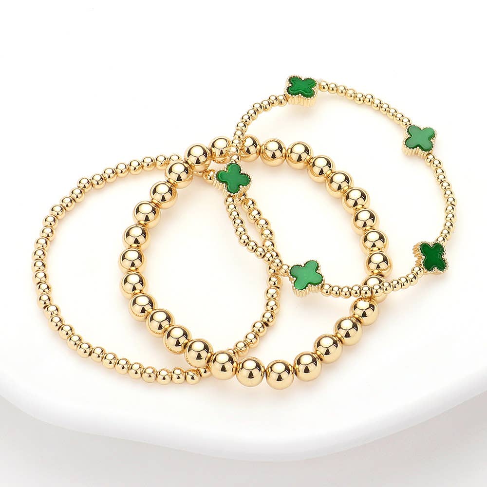 3PCS - Quatrefoil Station Metal Ball Beaded Multi Bracelets: Green