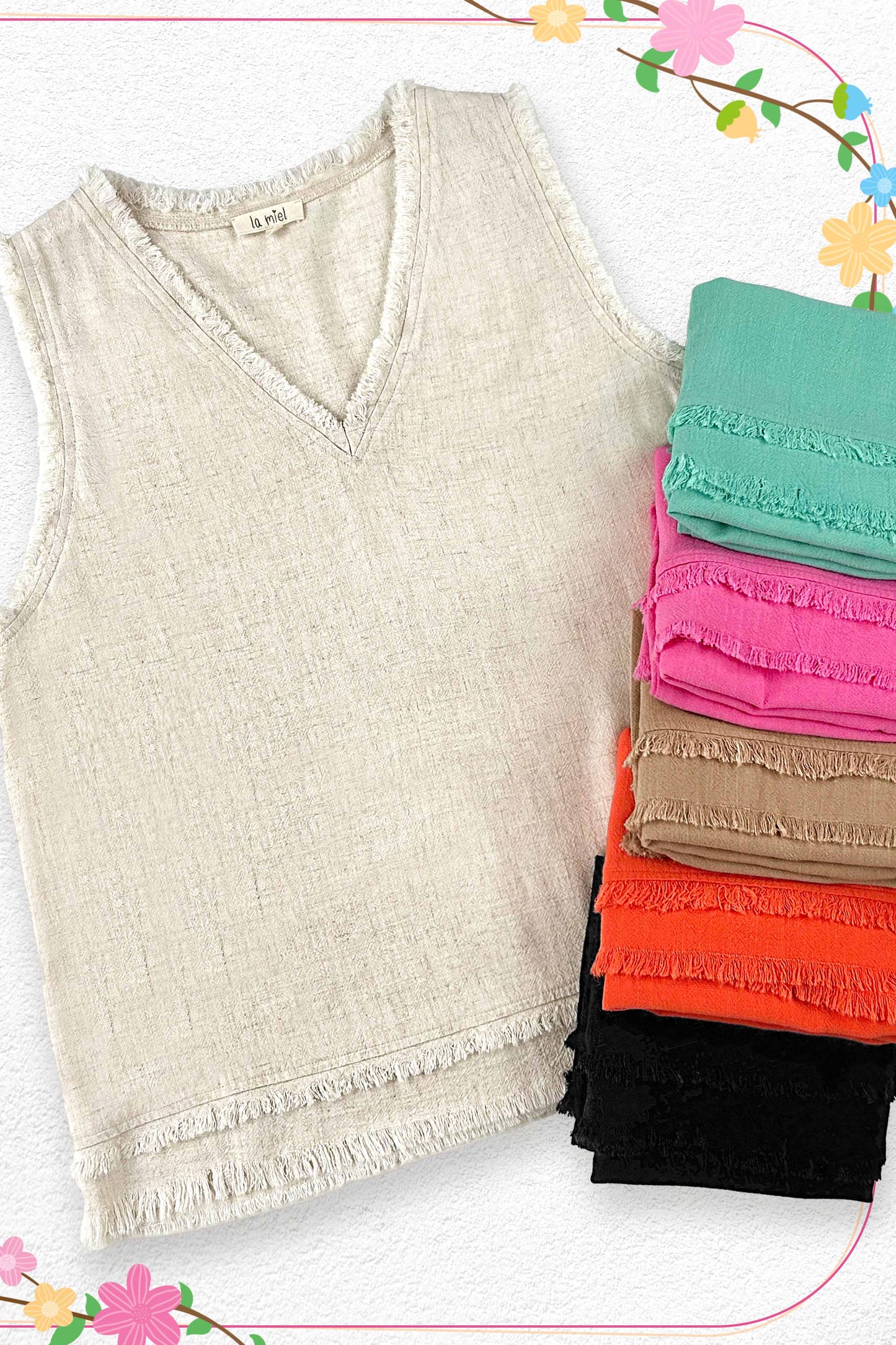 HBT7635-Soft Washed Gauze Cut Edge Sleeveless V-neck Top: Candy / L