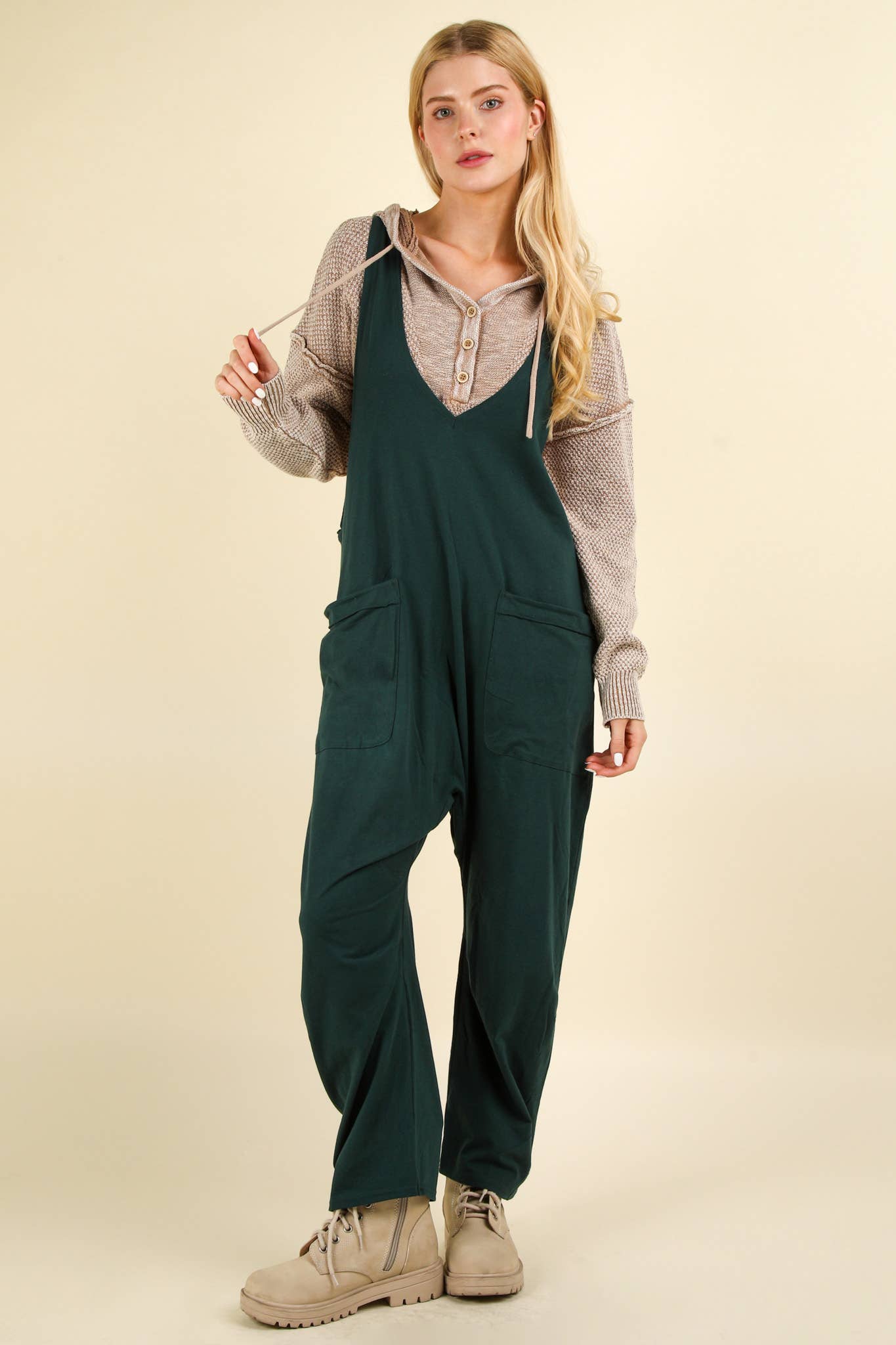 Casual Loose Fit Solid Knit Baggy Jumpsuit: BRICK