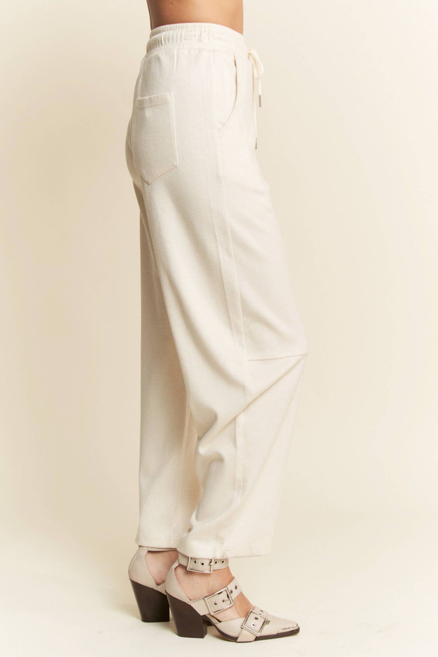 SOLID ELASTIC WAISTBAND POCKETS LONG BARREL PANTS: Khaki / S