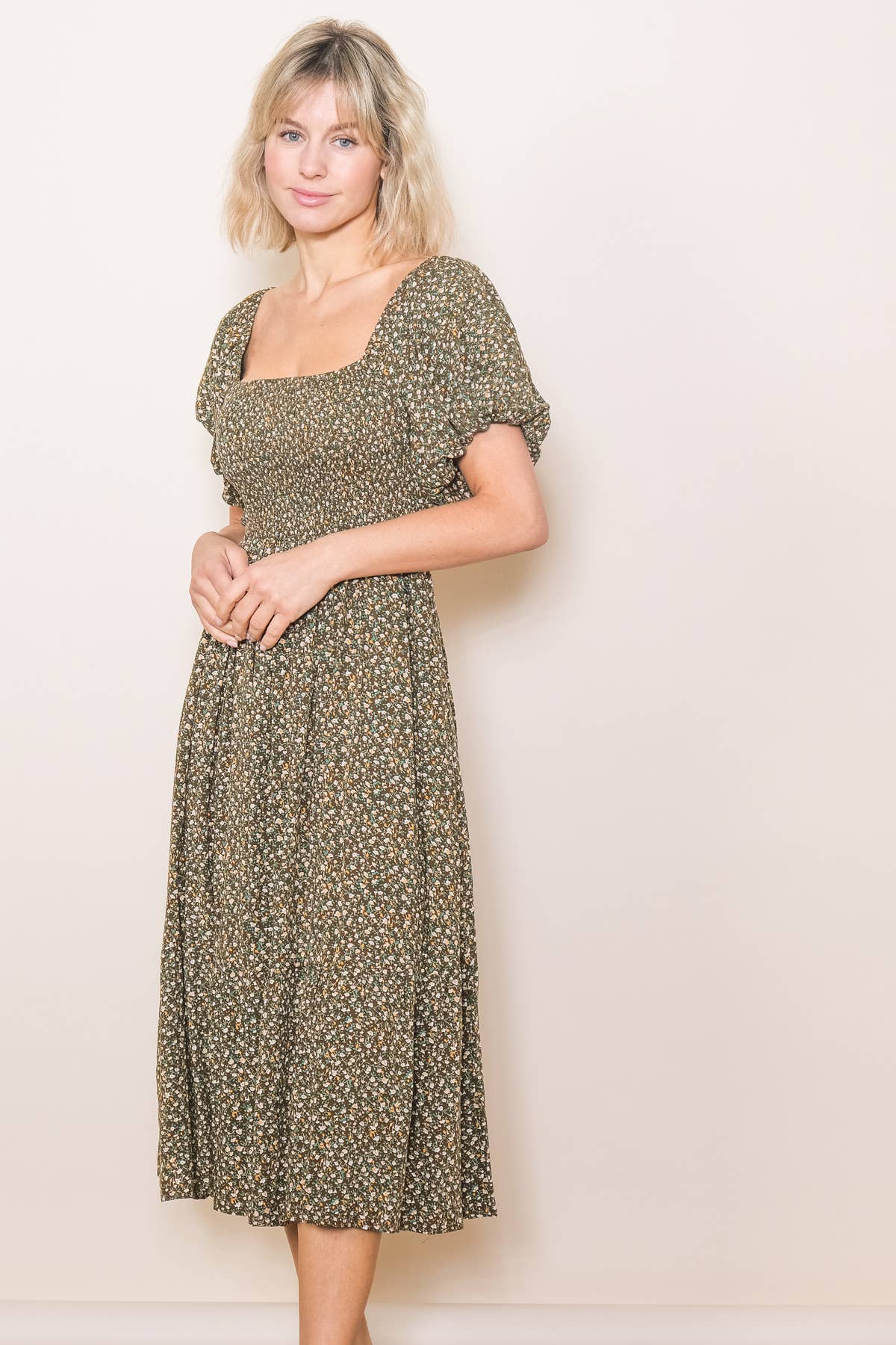 Vintage Tiny Floral Flattering Midi Dress: Cream / L