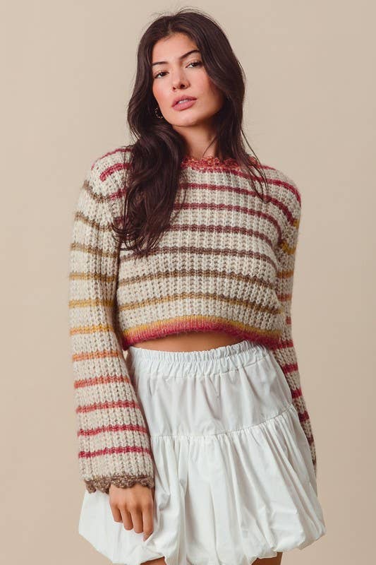 Multi Color Gradation Stripe Crop Sweater: OATMEAL/RUST