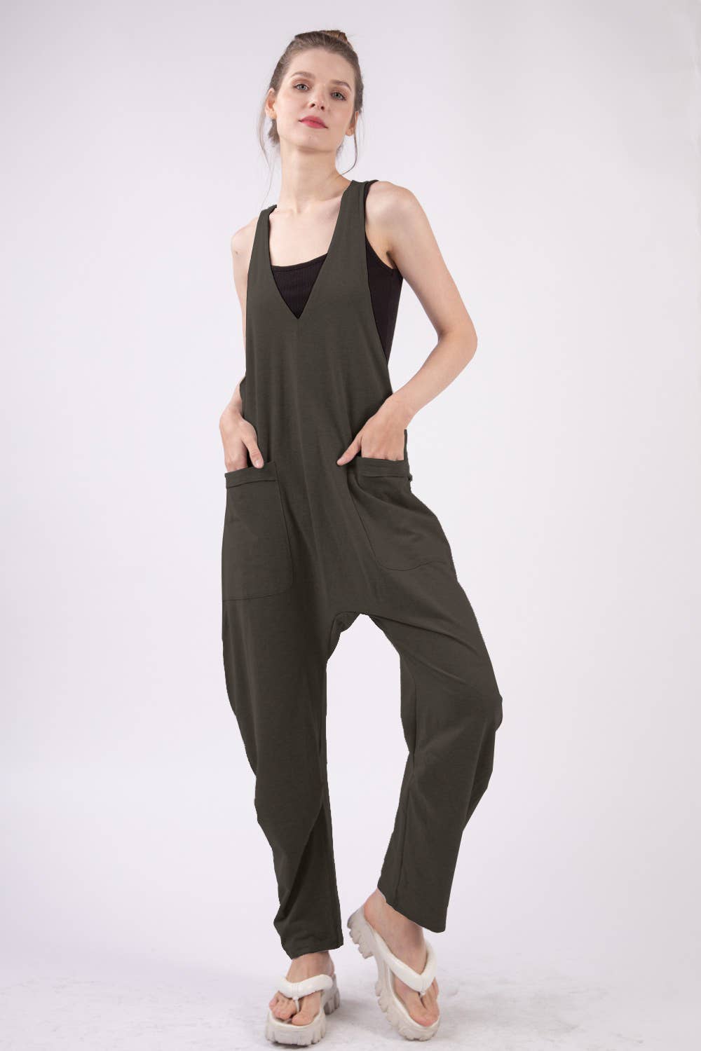 Casual Loose Fit Solid Knit Baggy Jumpsuit: BRICK