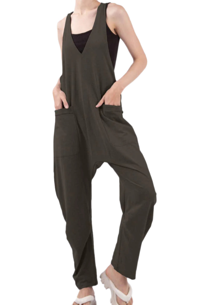Casual Loose Fit Solid Knit Baggy Jumpsuit: CHARCOAL