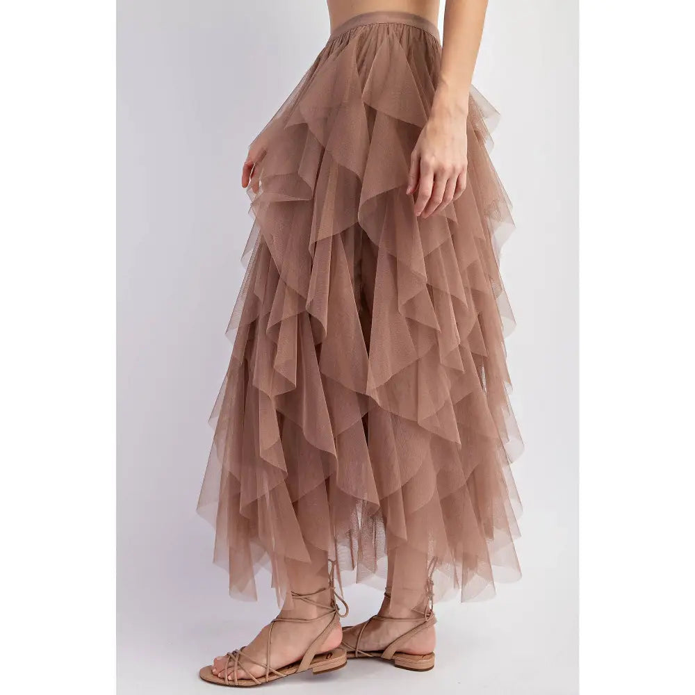 CASCADING TULLE MESH LAYERED MAX SKIRT: Mocha - Posh Finds