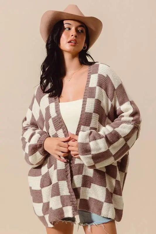 Check Plaid Oversized Sweater Cardigan: MOCHA/IVORY - Posh Finds