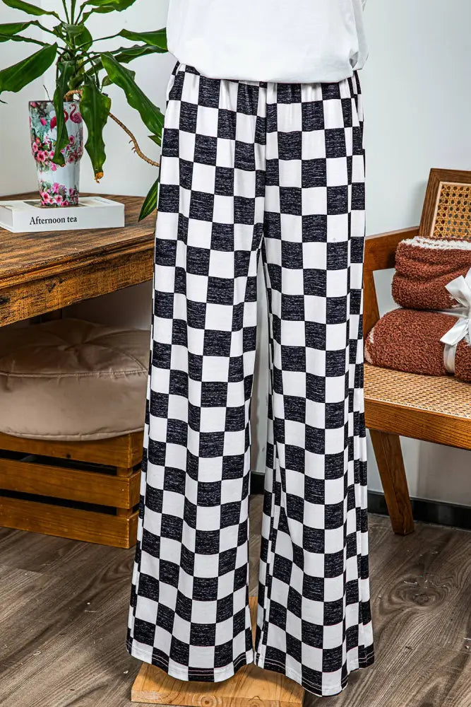 Checked Print High Waist Wide Leg Pants: Black - Posh Finds