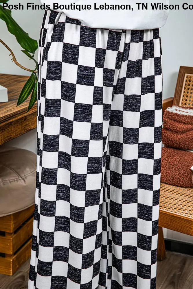 Checked Print High Waist Wide Leg Pants: Black - Posh Finds