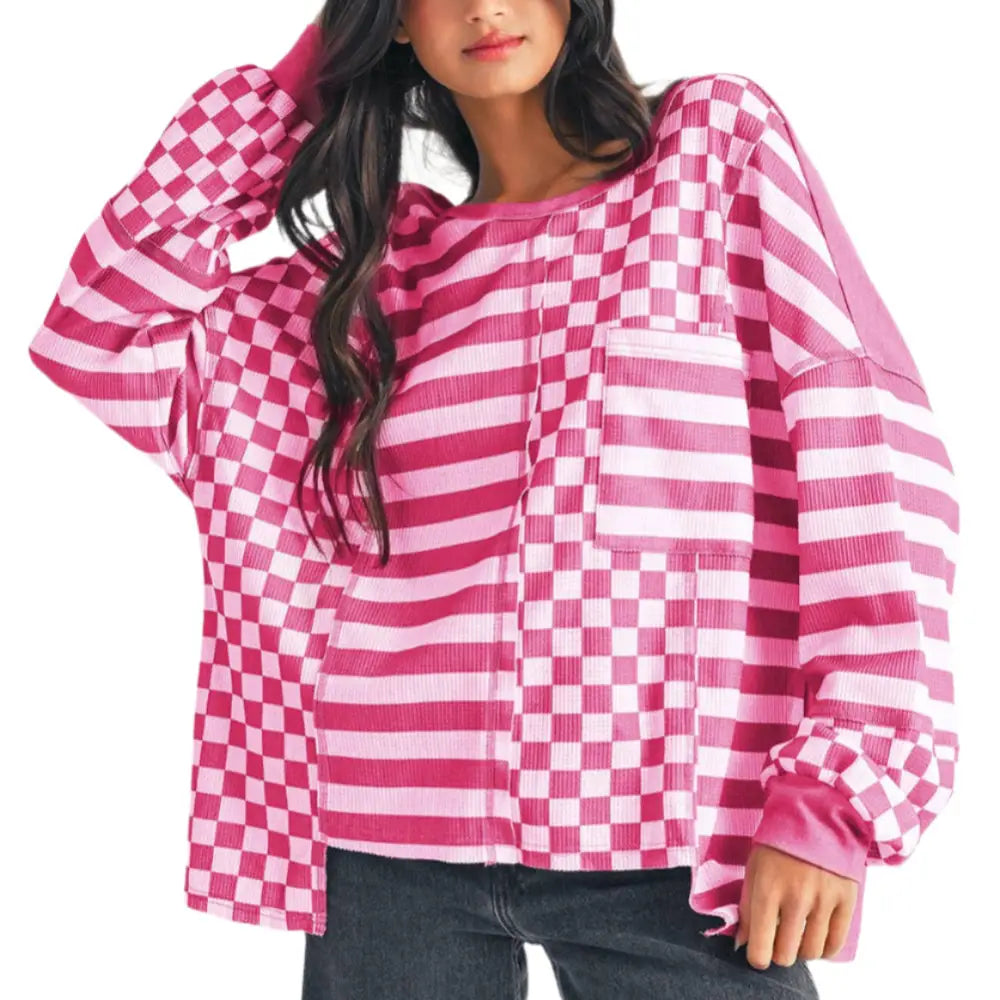 Checkerboard Striped Patchwork Lantern Sleeve Blouse: Rose Red - Posh Finds