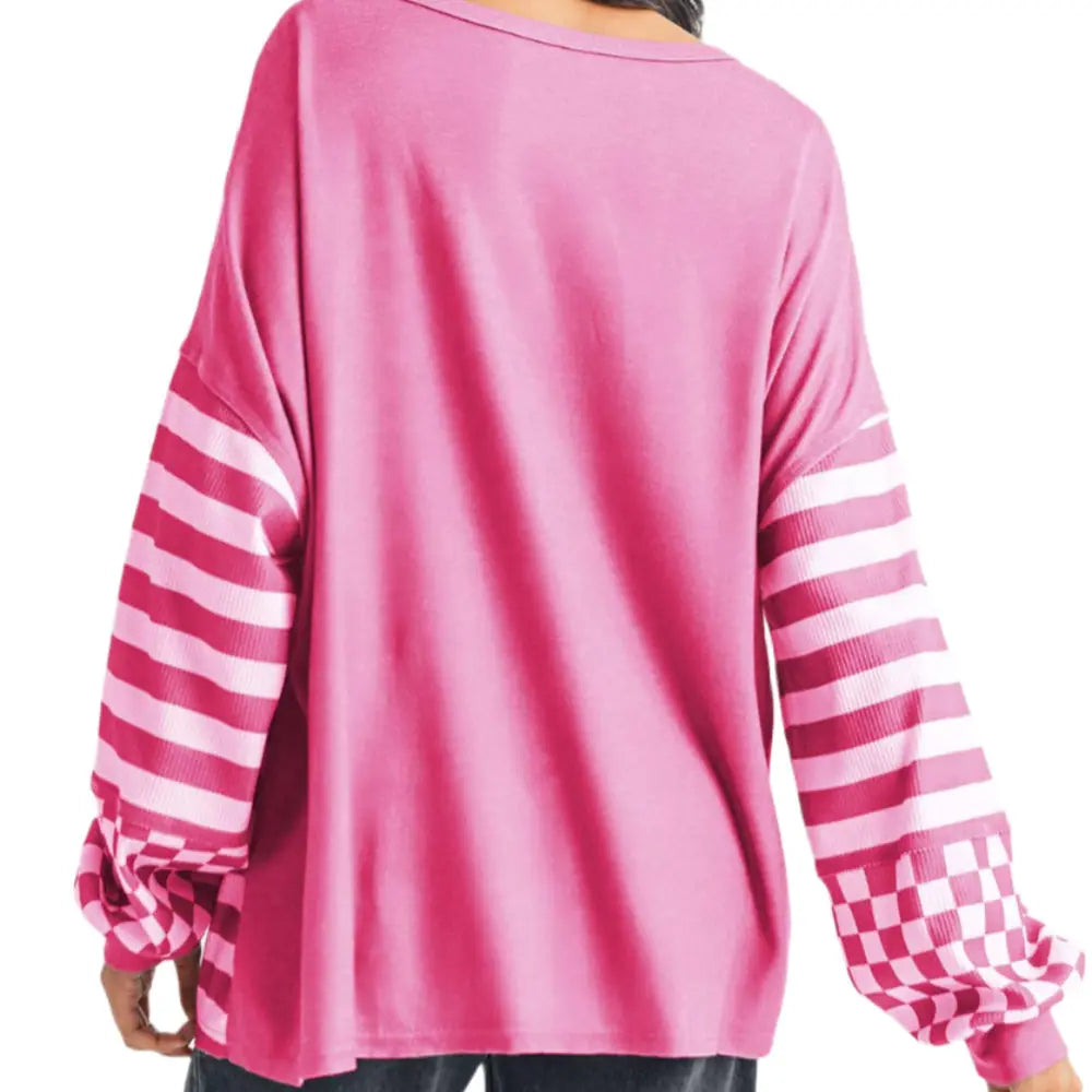 Checkerboard Striped Patchwork Lantern Sleeve Blouse: Rose Red - Posh Finds