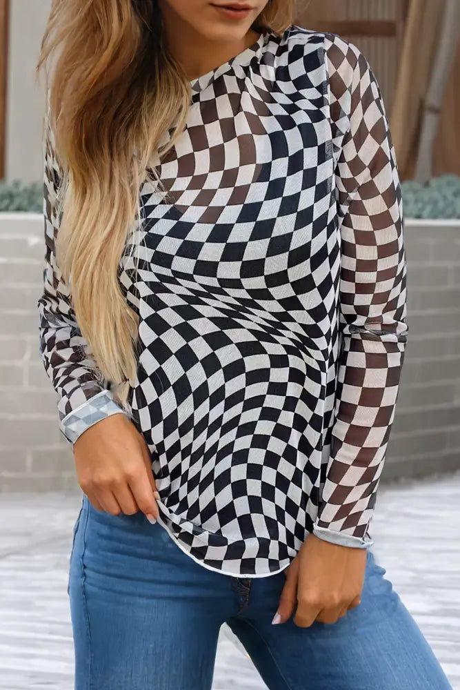 Checkered Pattern Mesh Mock Neck Long Sleeve Top: Black - Posh Finds