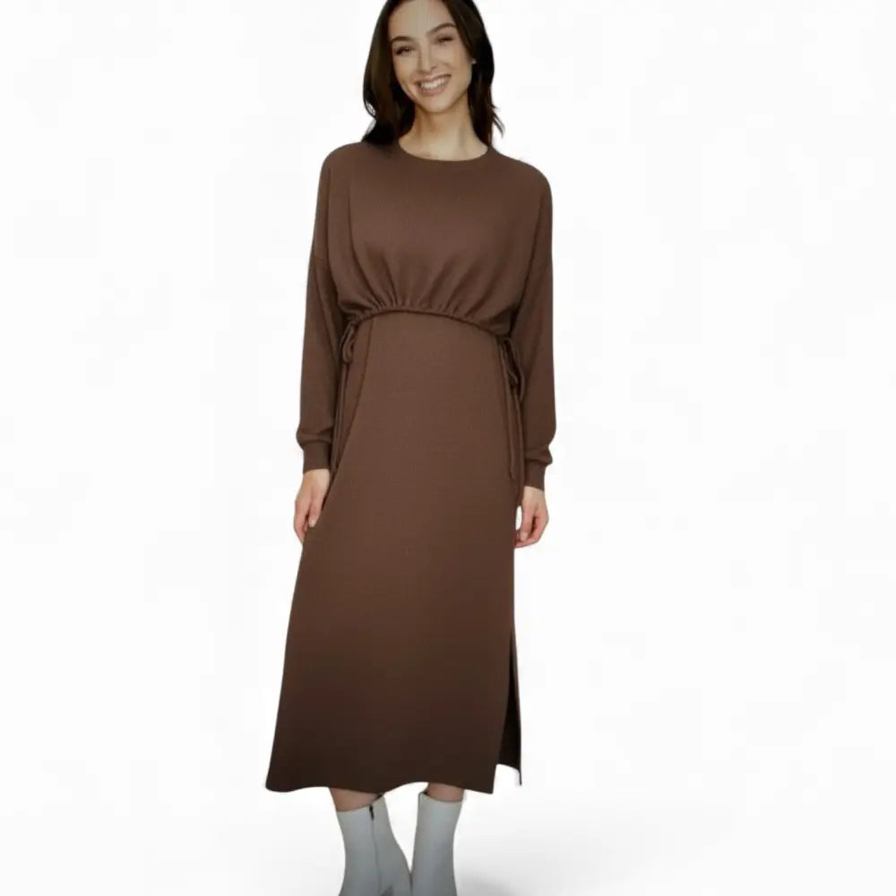 Cloudy Knit Round Neck Cinched Tee Dress Brown - Posh Finds