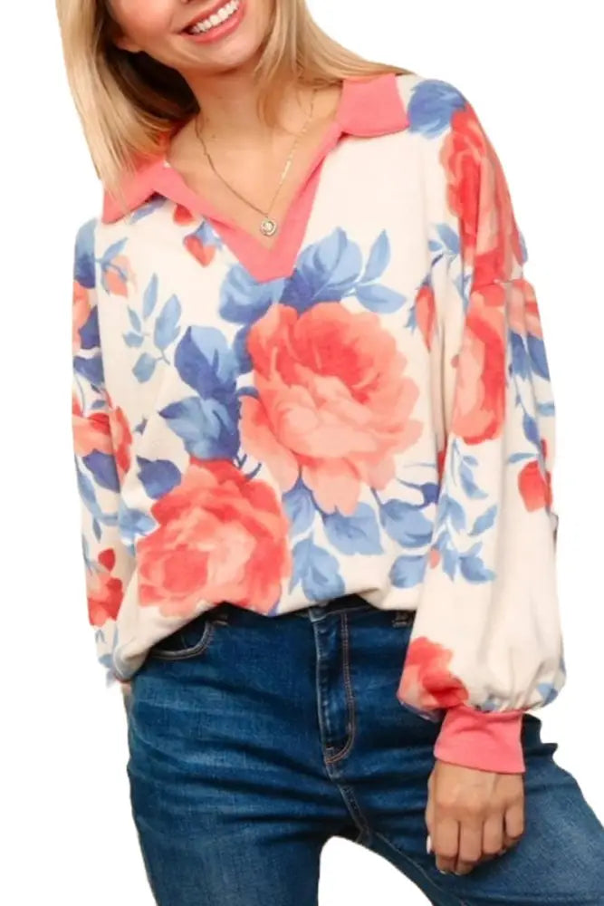 Color Block Drop Shoulder Floral Knit Top: IVORY/ROSE - Posh Finds