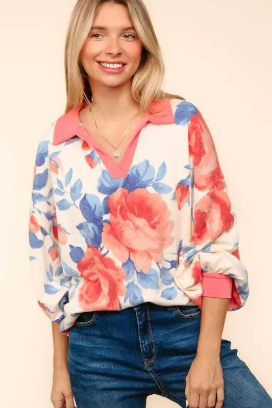 Color Block Drop Shoulder Floral Knit Top: IVORY/ROSE - Posh Finds