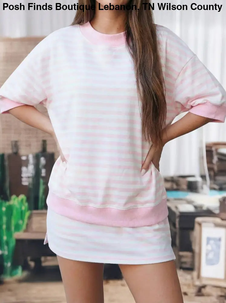 Color Block Trim Half Sleeve Top Mini Skort 2pcs Outfit: Green Stripe / S