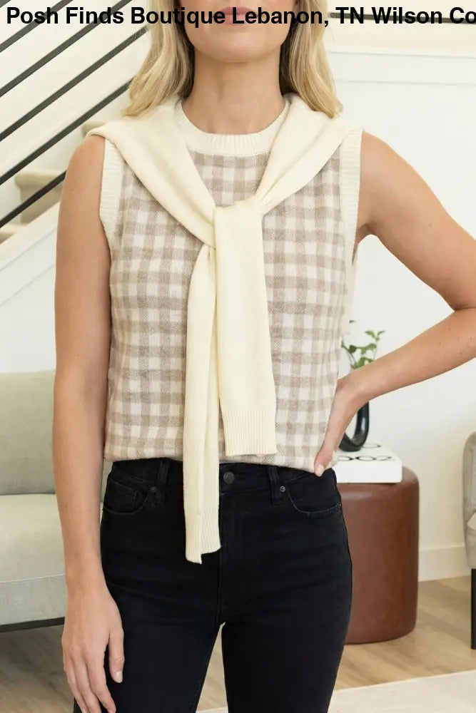 Contrast Knot Gingham Plaid Sweater Tank Top - Women > Tops