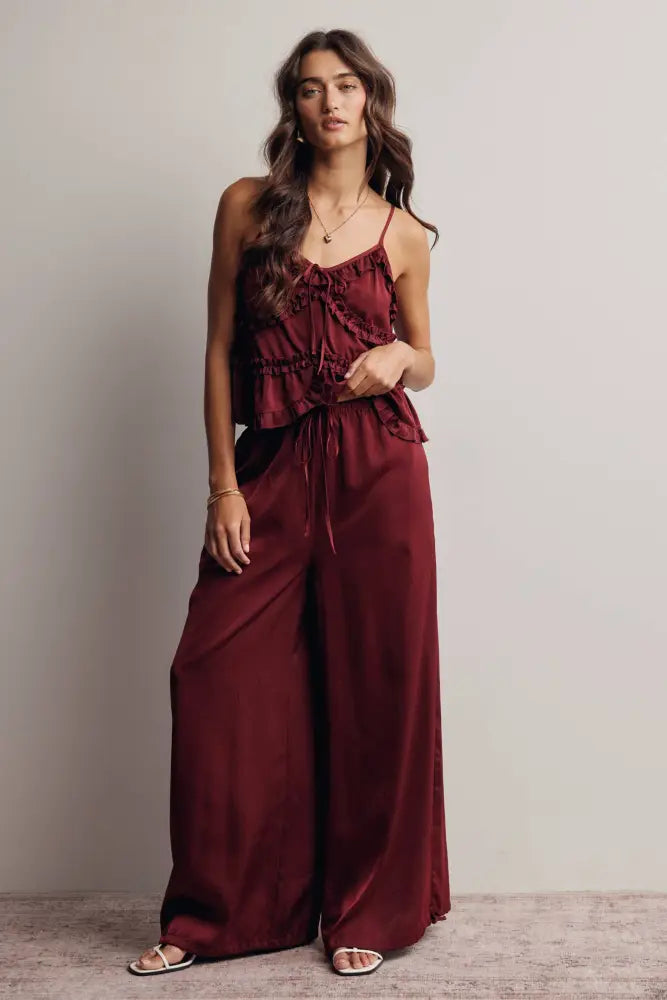 Convertible Wide Leg Tie Hem Pants FP0022: Burgundy / Contemporary / S
