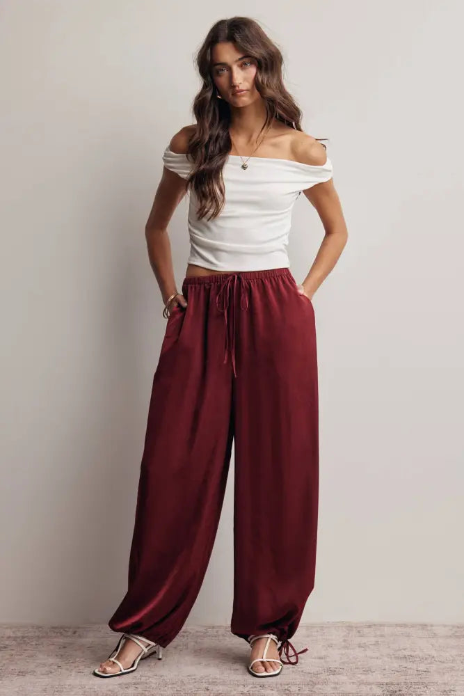Convertible Wide Leg Tie Hem Pants FP0022: Burgundy / Contemporary / S