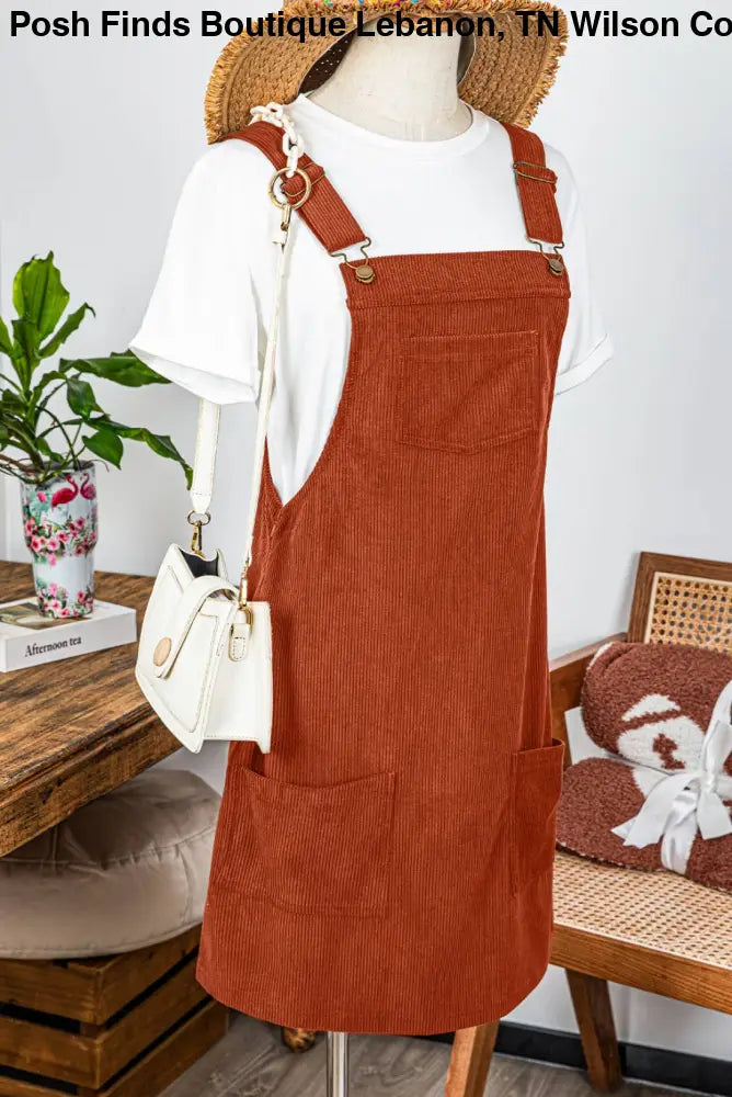 Corduroy Overall Dress: Rust - Posh Finds
