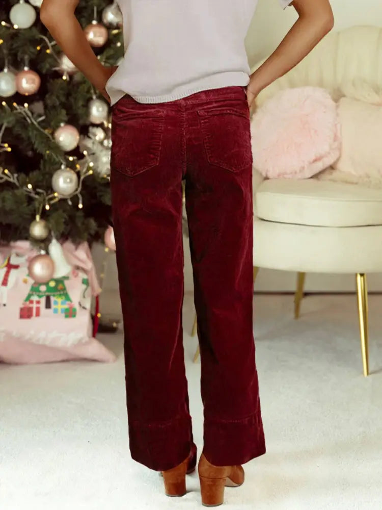 Corduroy Solid Color High Waist Wide Leg Pants: Burgundy - Posh Finds
