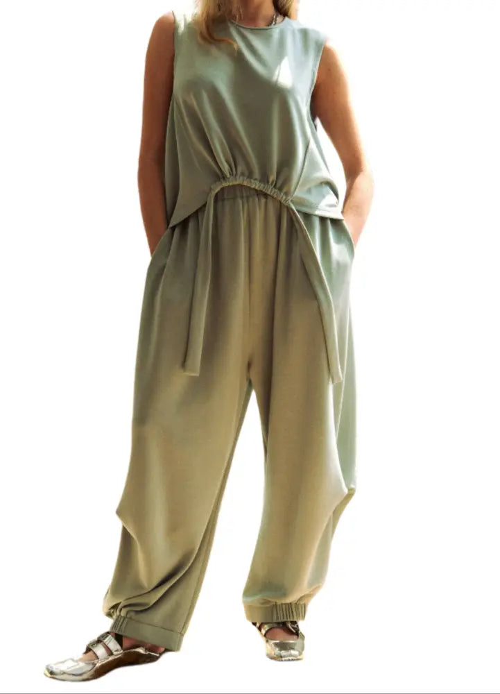 CREW NECK CINCH TIE TOP WAISTBAND PANTS SET: SAGE - Posh Finds