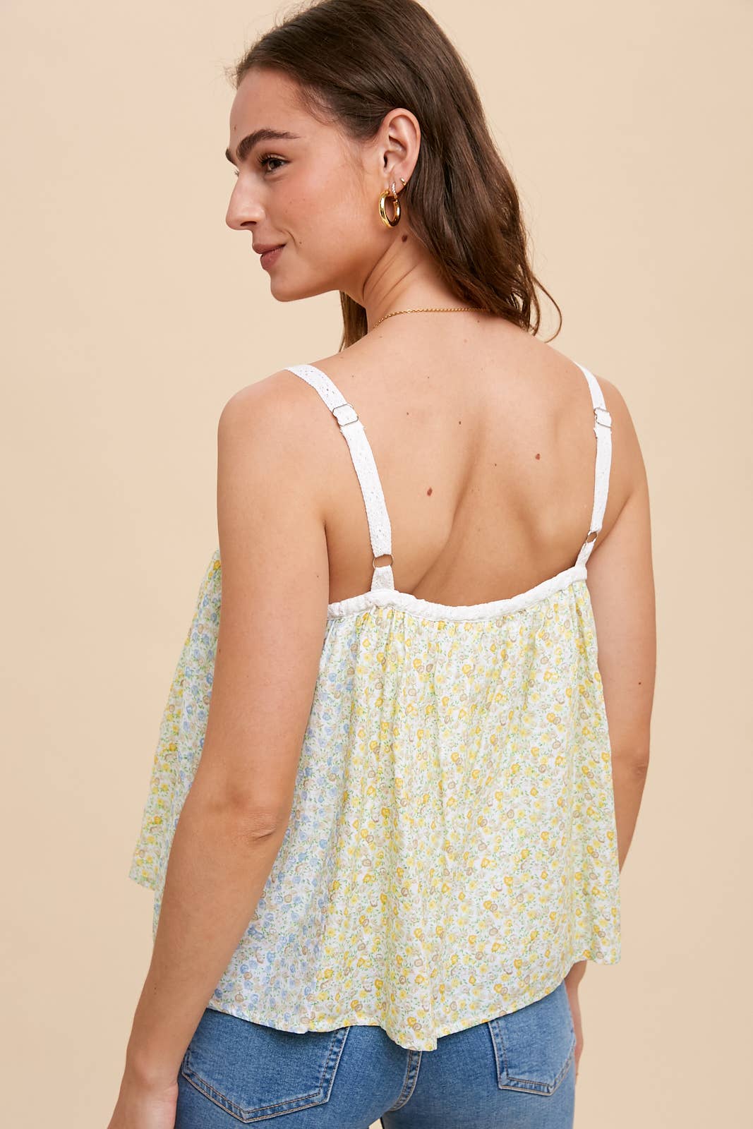 LACE ACCENTED FLORAL CONTRAST PANEL BUTTON TOP: ROSE/BLUE MULTI / M
