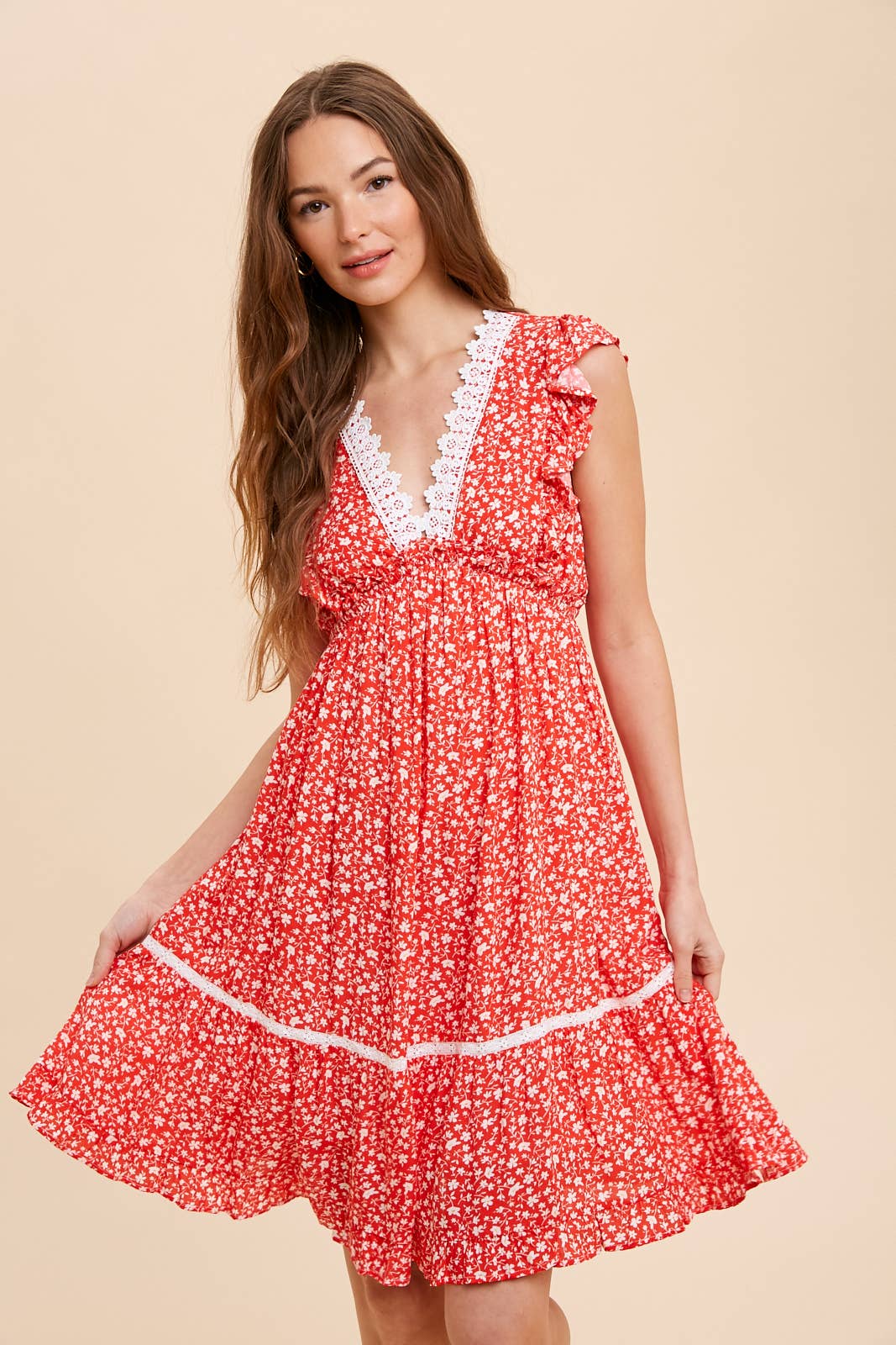 FLORAL RUFFLED LACE TRIM DRESS: CORNFLOWER / L