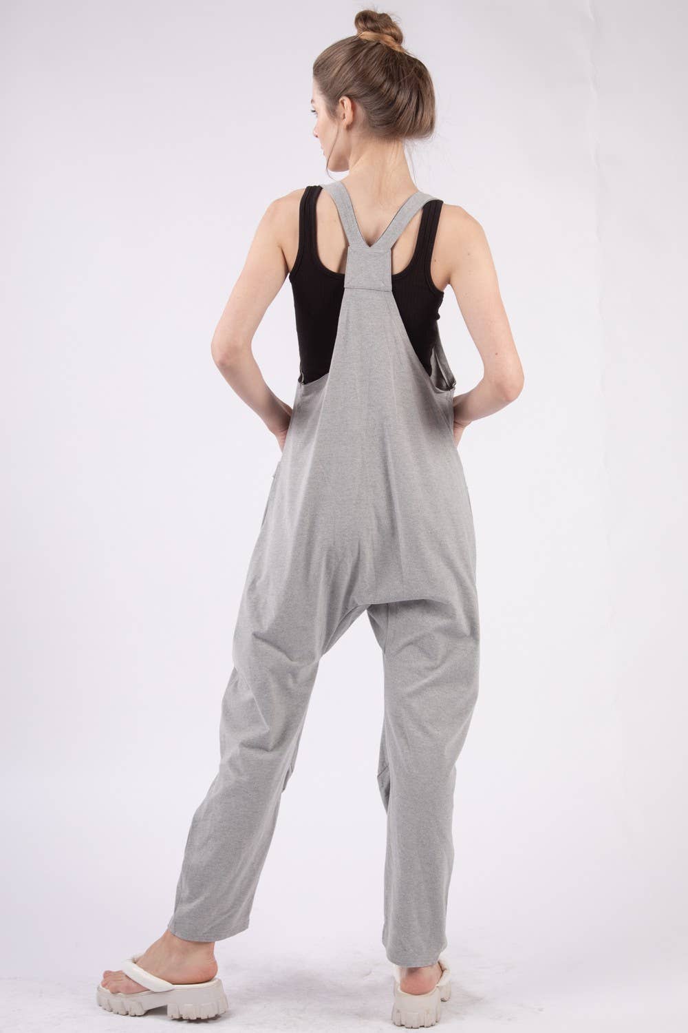 Casual Loose Fit Solid Knit Baggy Jumpsuit: CHARCOAL