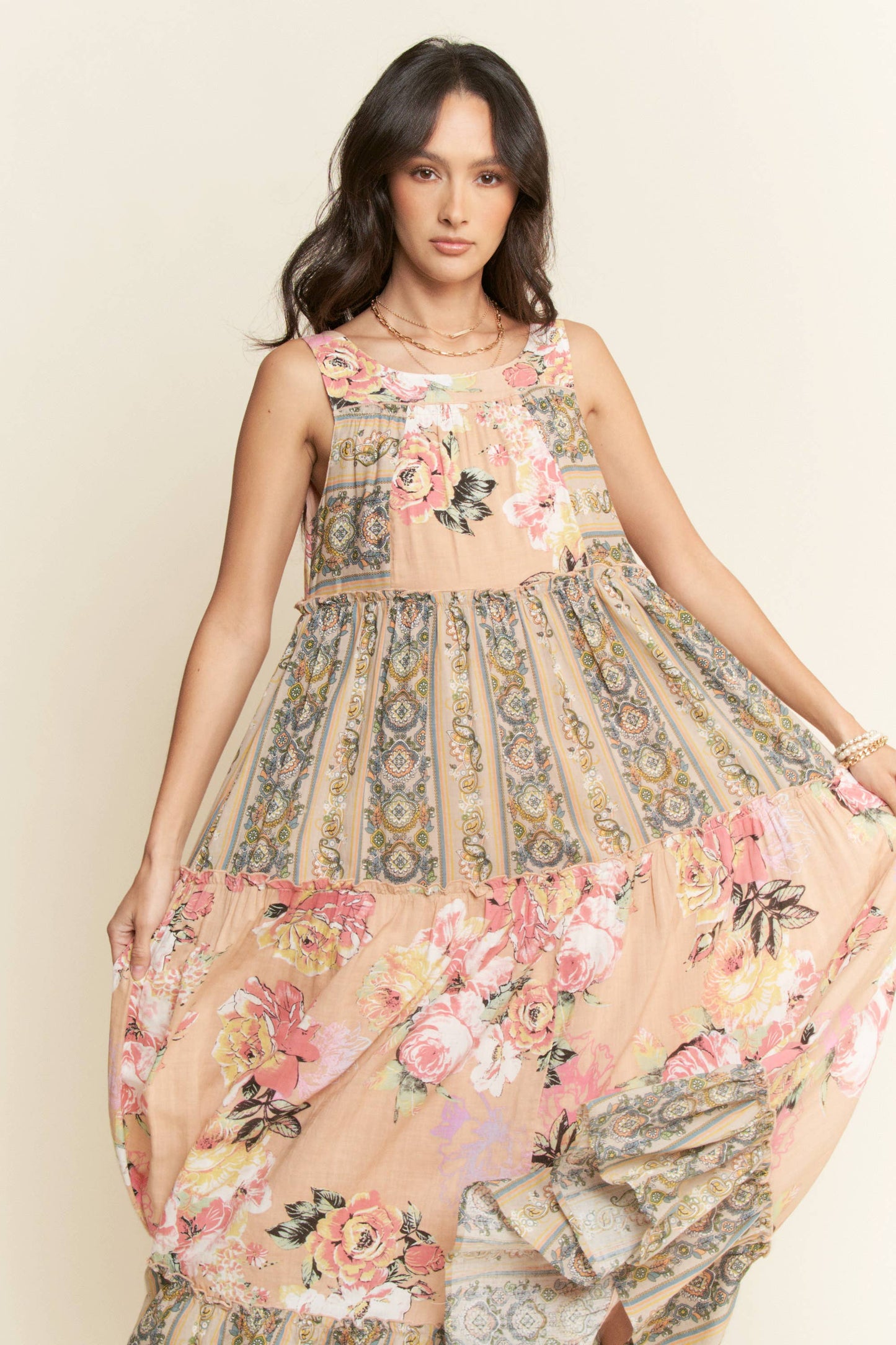 FLORAL BOHO STRIPE MIXED FULL SKIRT MIXI DRESS PINK BEIGE