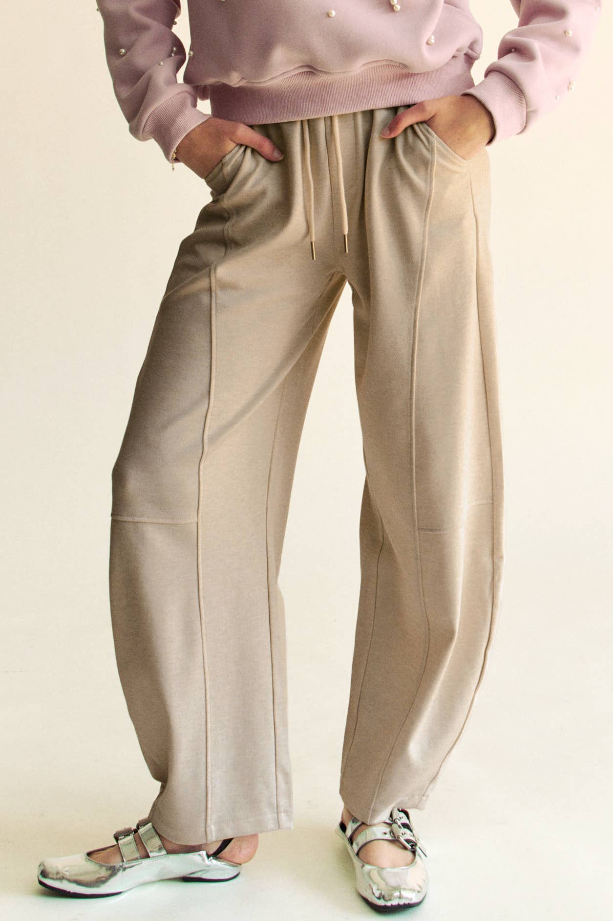 SOLID ELASTIC WAISTBAND POCKETS LONG BARREL PANTS: Khaki / S