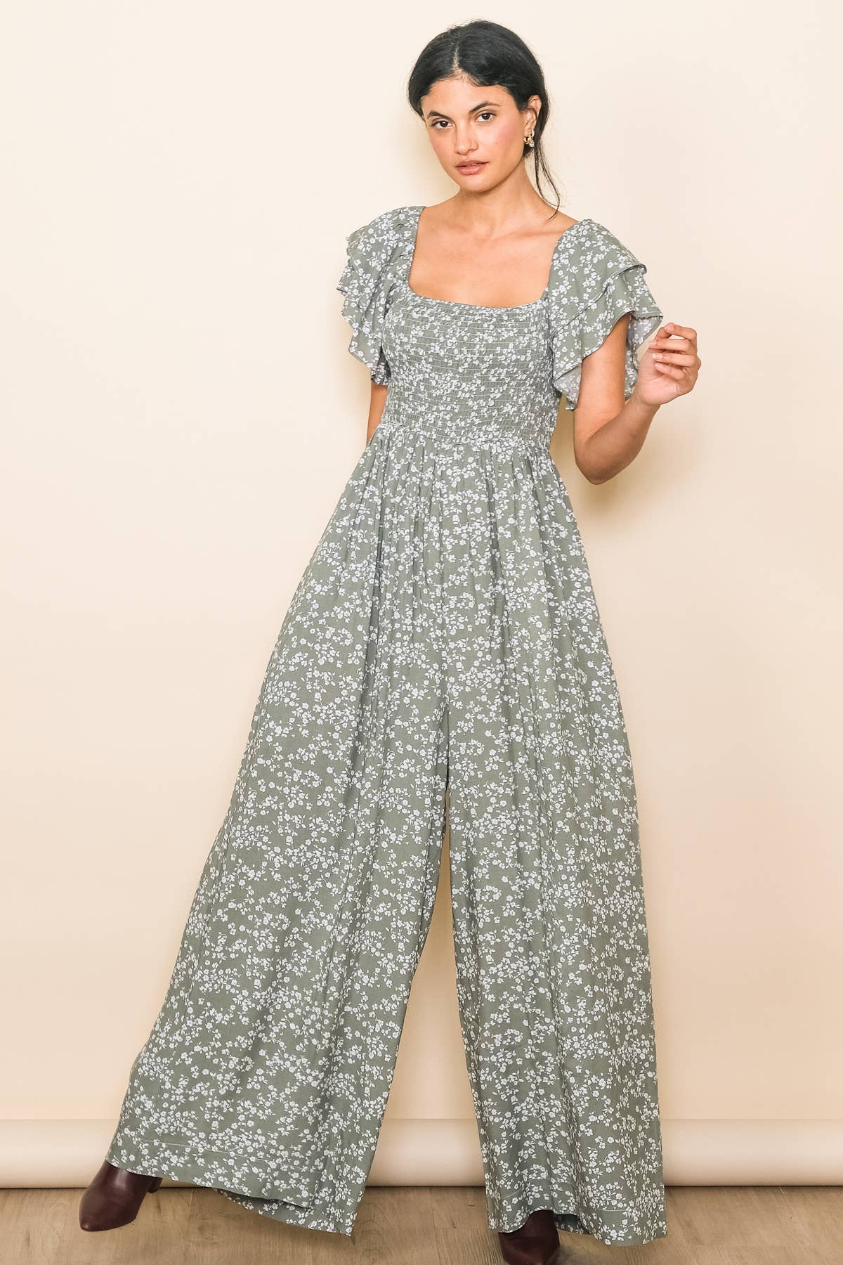 Flutter Sleeve Extra Wide Leg Jumpsuit: Sage / L