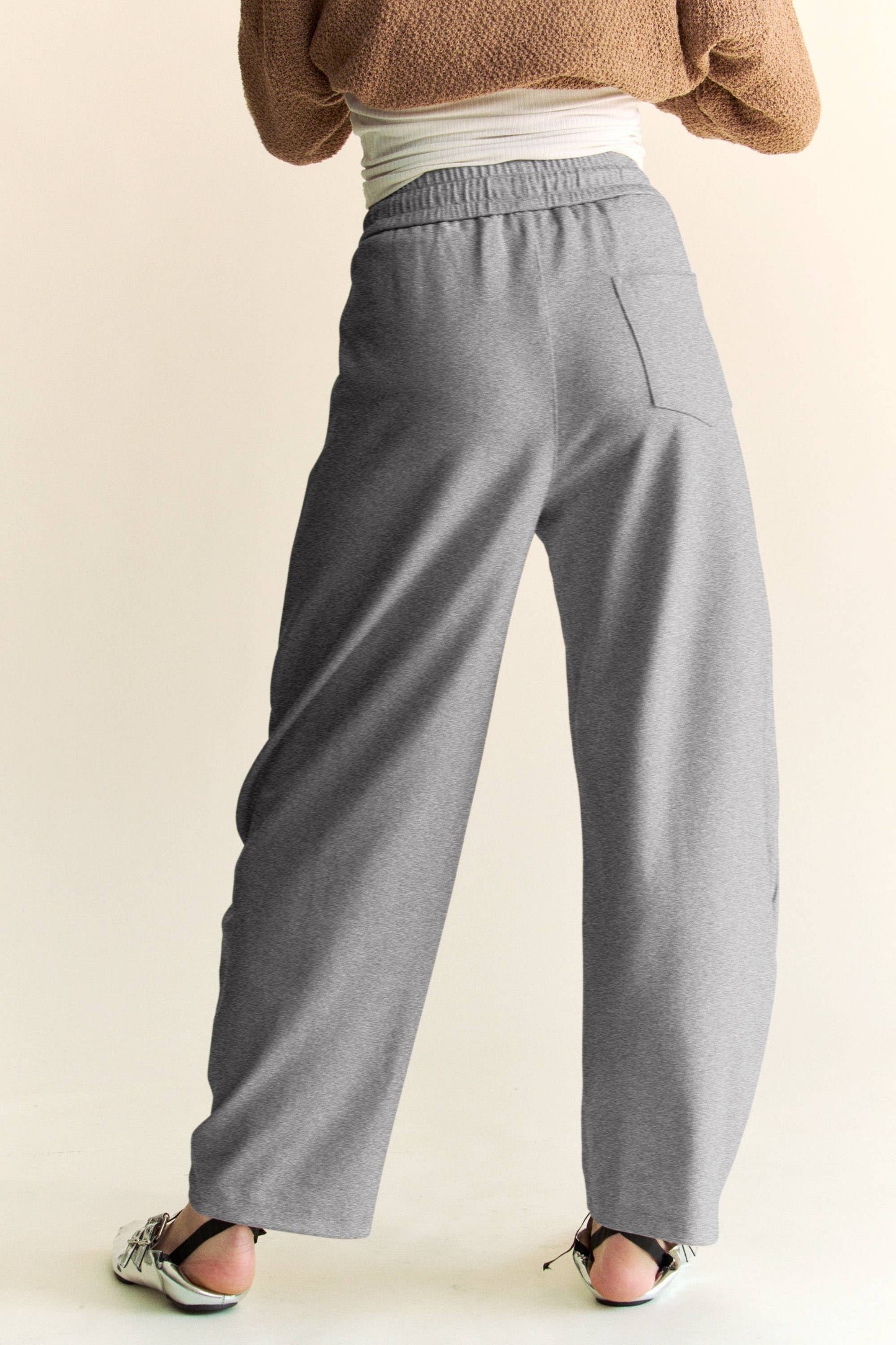 SOLID ELASTIC WAISTBAND POCKETS LONG BARREL PANTS: Khaki / S