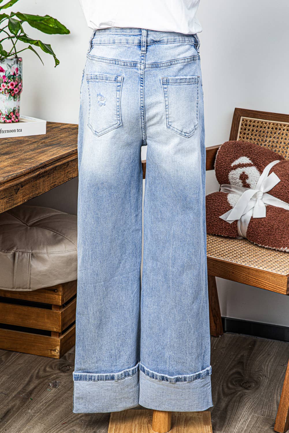 Light Wash Distressed Cuffed Flare Jeans