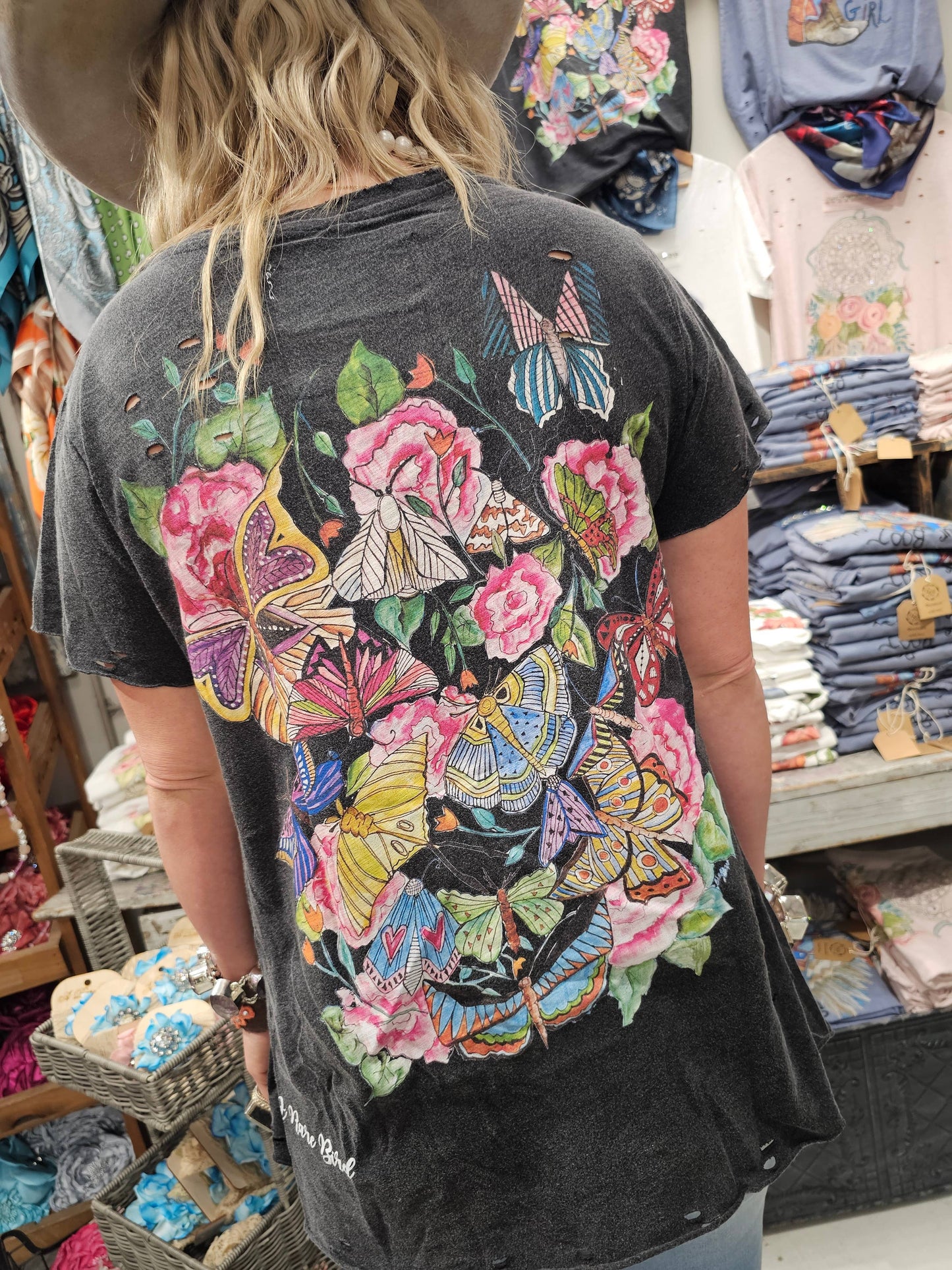 Dragonflies and Butterflies Black Tattered Tee: Sm
