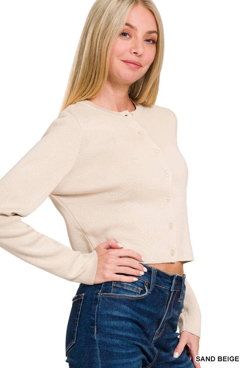 7 Button Crewneck Long Sleeve Cardigan: IVORY / 2-2-2 (S-M-L)