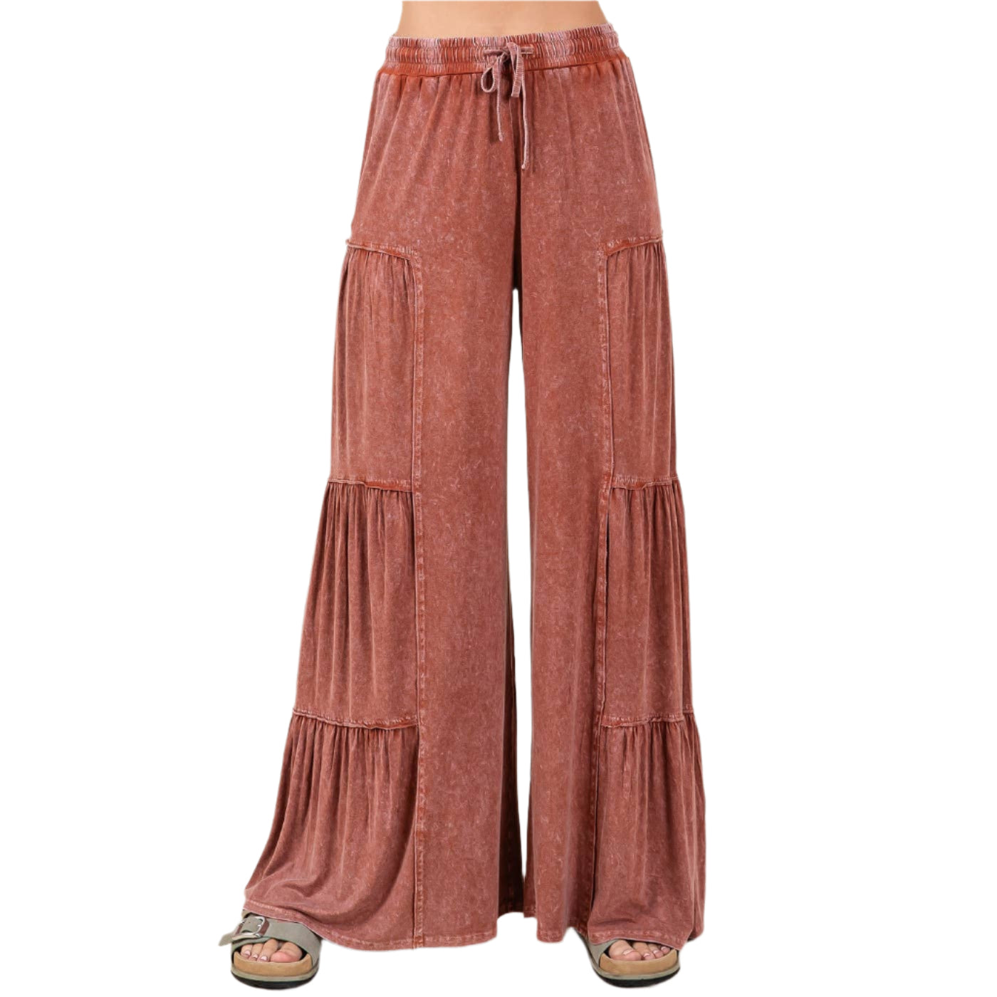 MINERAL WASH TIERED WIDE LEG ELASTIC WAIST PANTS: SIENNA