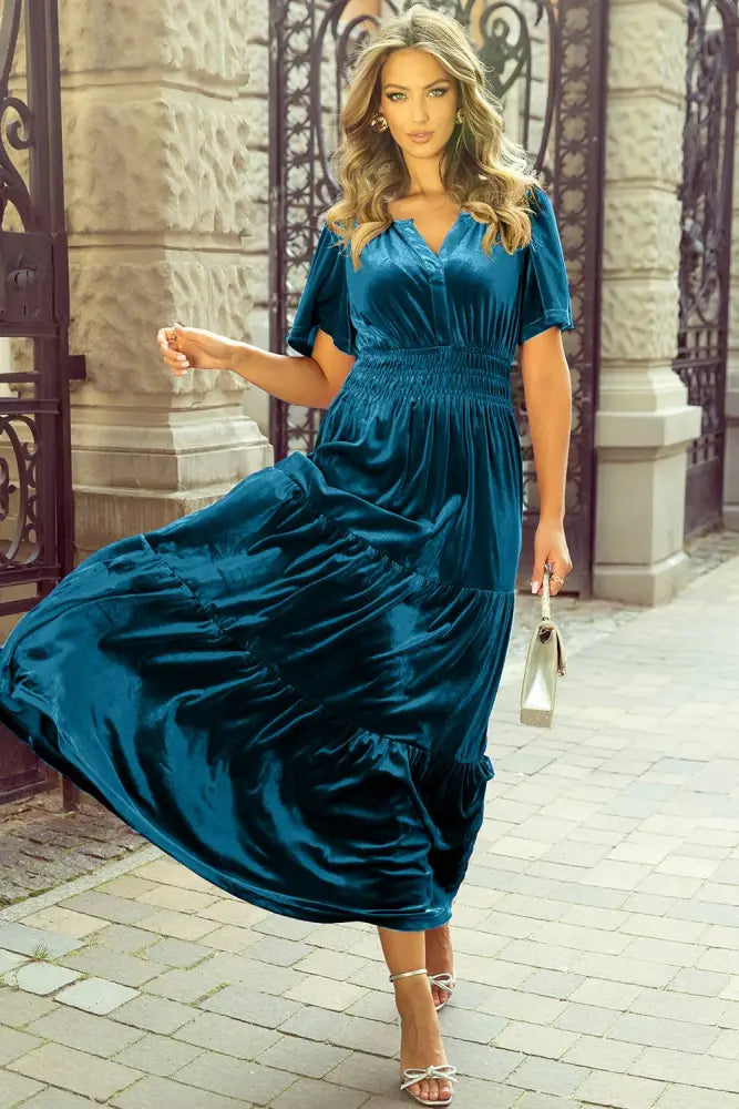 Dahlia Velvet Short Sleeve Shirred Waist Tiered Maxi Dress: Prussian Blue - Posh Finds