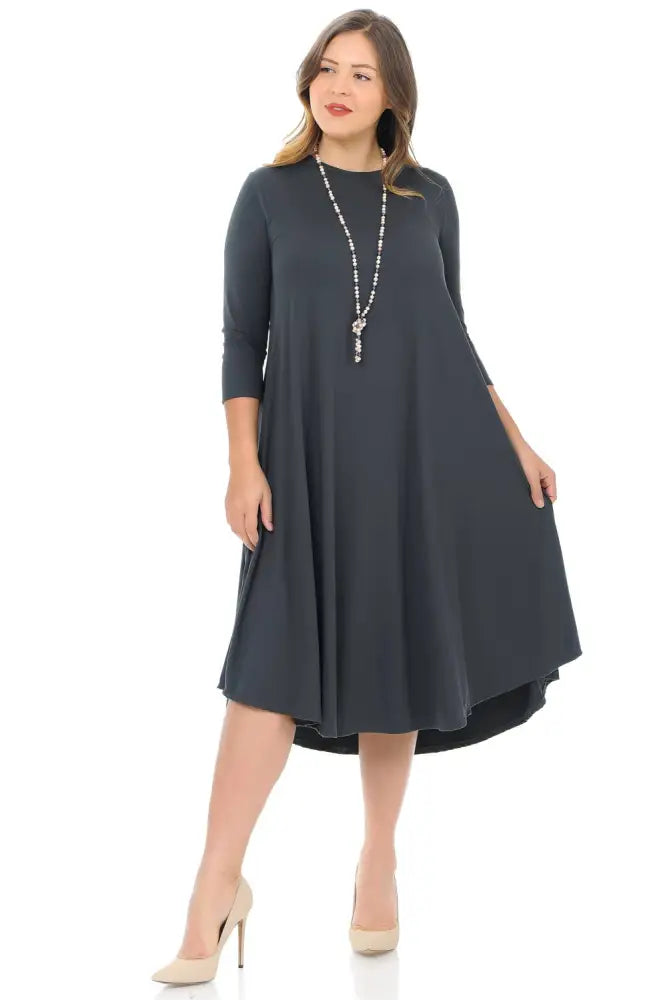 Dark Gray Plus A-Line Swing Trapeze Midi Dress - Women > Dresses