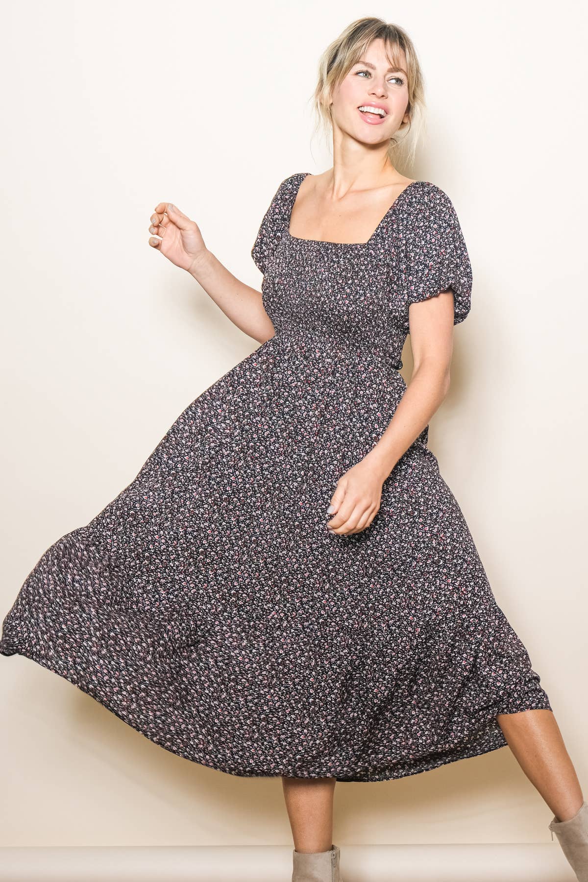 Vintage Tiny Floral Flattering Midi Dress: Cream / L