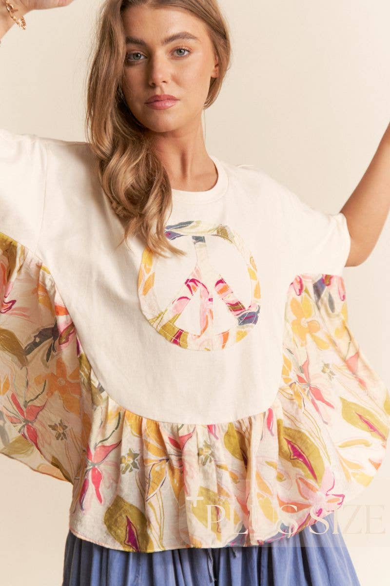 Floral Print PEACE Logo Flowy Top 1X-3X: Egg Shell / 1XL