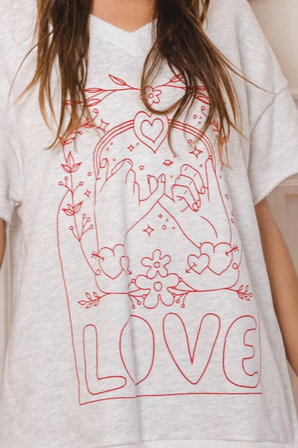 T1277-1 Love Graphic French Terry Loose Fit T-shirt: ASH GREY / S-M-L (2-2-2)