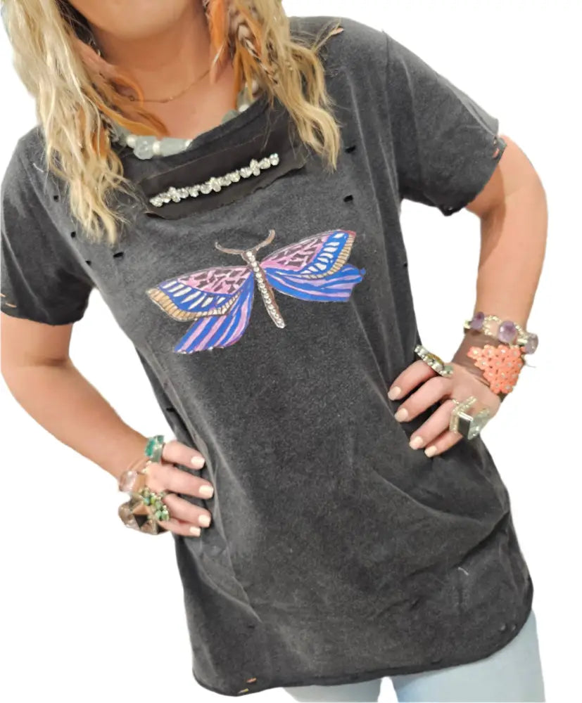 Dragonflies and Butterflies Black Tattered Tee - Posh Finds