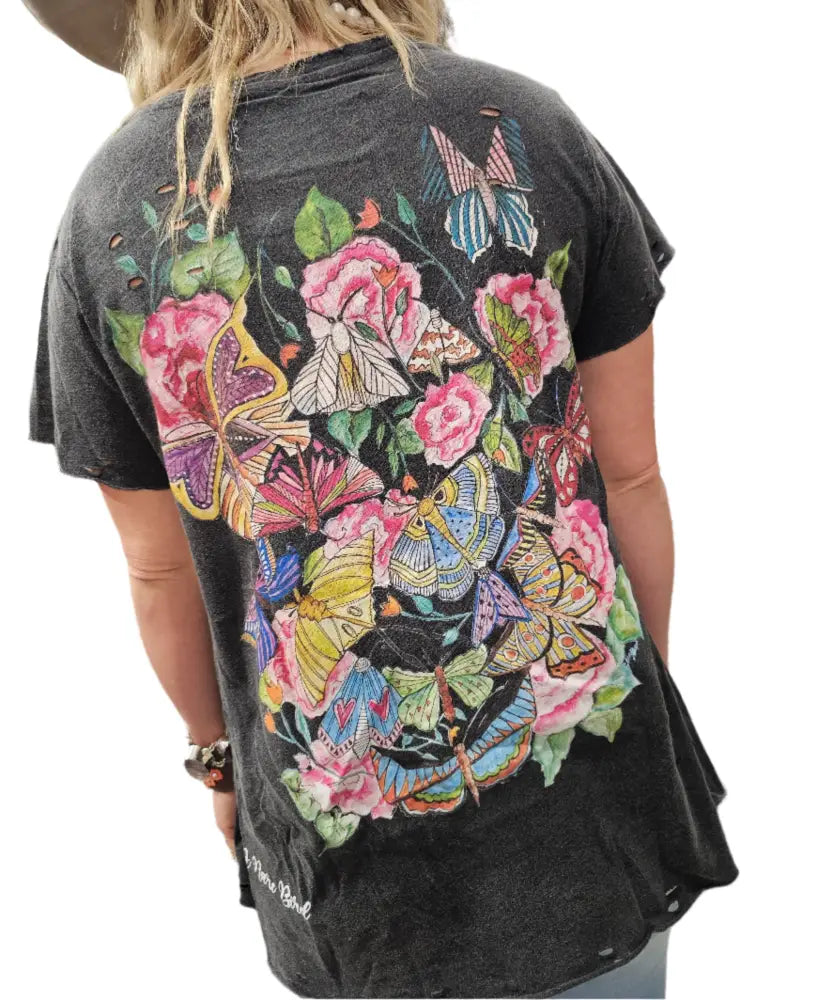 Dragonflies and Butterflies Black Tattered Tee - Posh Finds