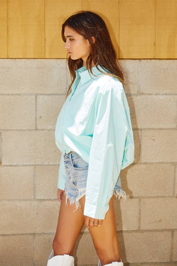 IT1772 Elastic Hem Solid Cropped Shirt: MINT / S-M-L (2-2-2)