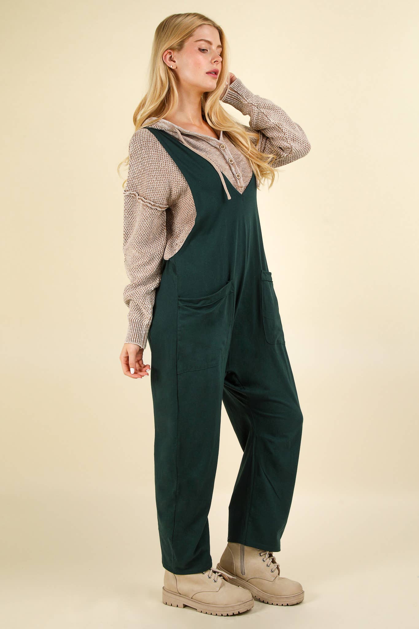 Casual Loose Fit Solid Knit Baggy Jumpsuit: BRICK