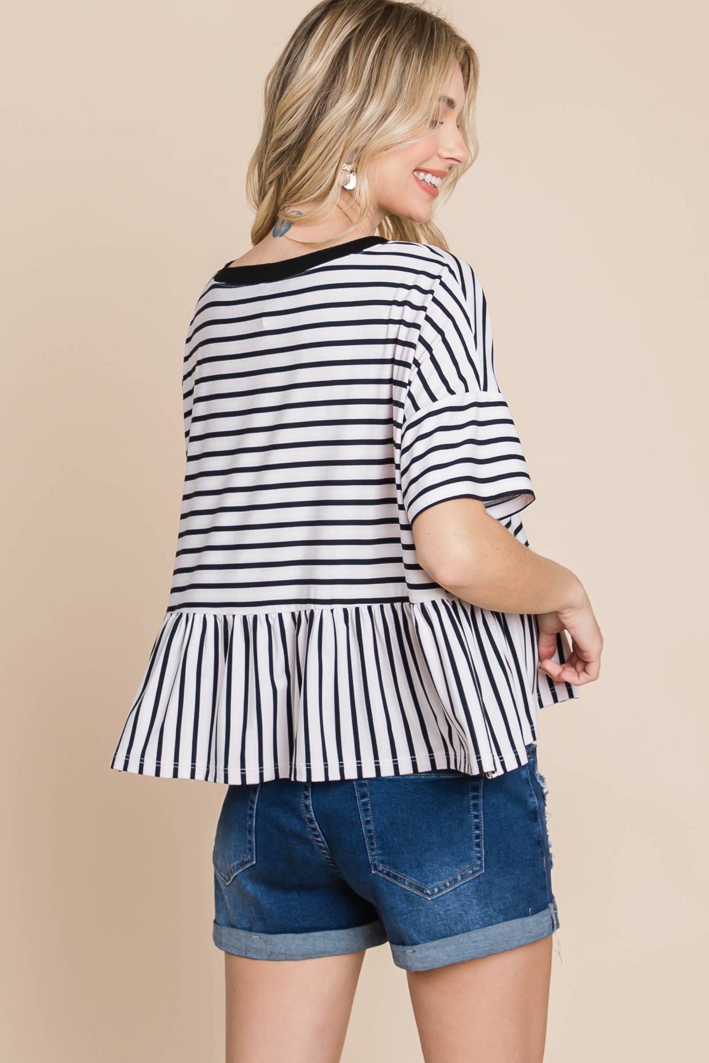 Striped Babydoll Short Sleeve Top: Black