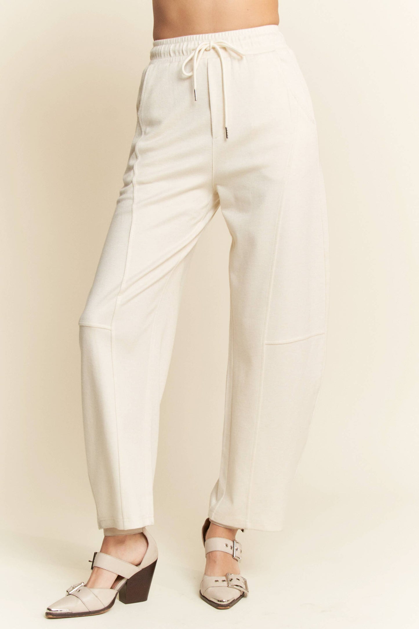 SOLID ELASTIC WAISTBAND POCKETS LONG BARREL PANTS: Khaki / S