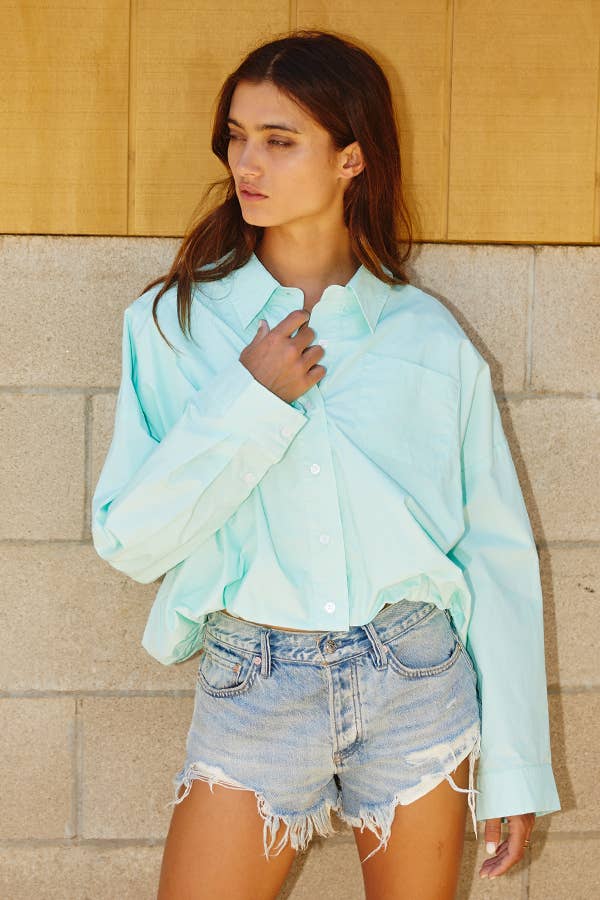 IT1772 Elastic Hem Solid Cropped Shirt: MINT / S-M-L (2-2-2)